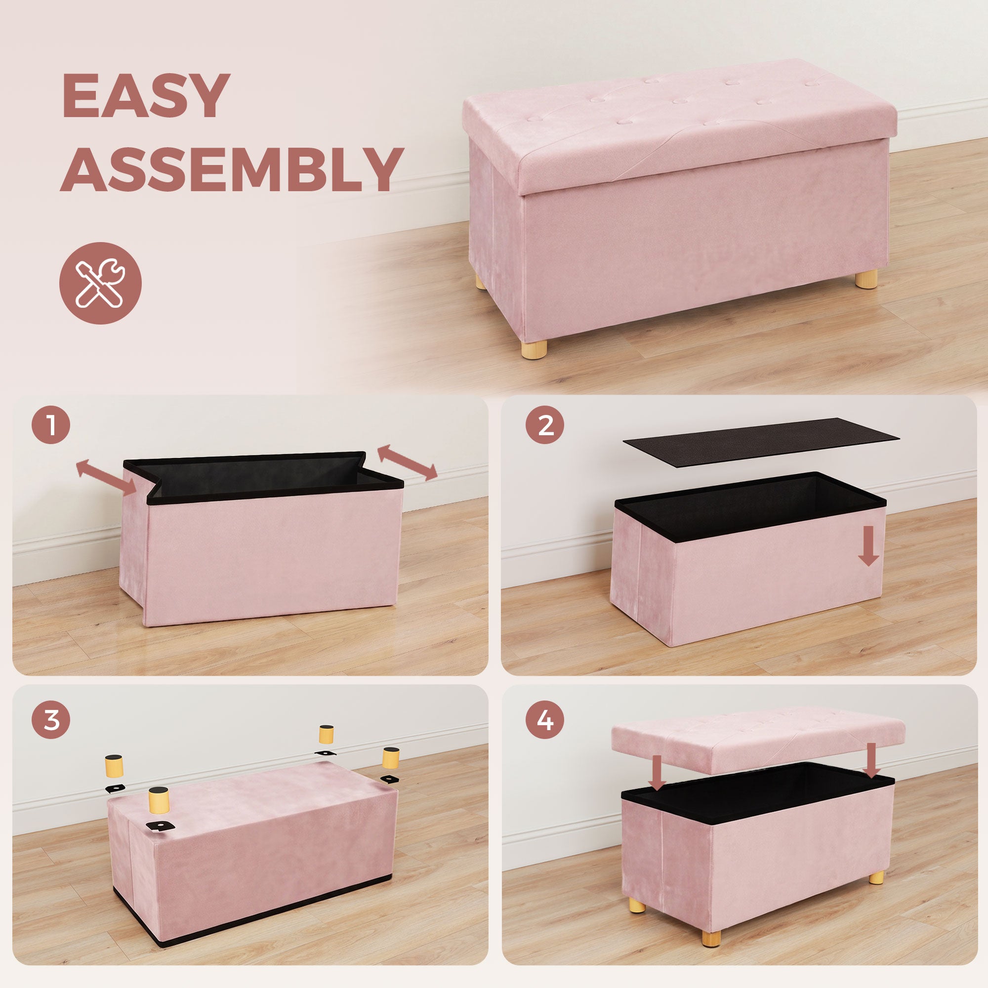 Velvet Upholstered Foldable Ottoman Footrest, Storage Ottoman Bench with Wood Legs for Living Room, Pink