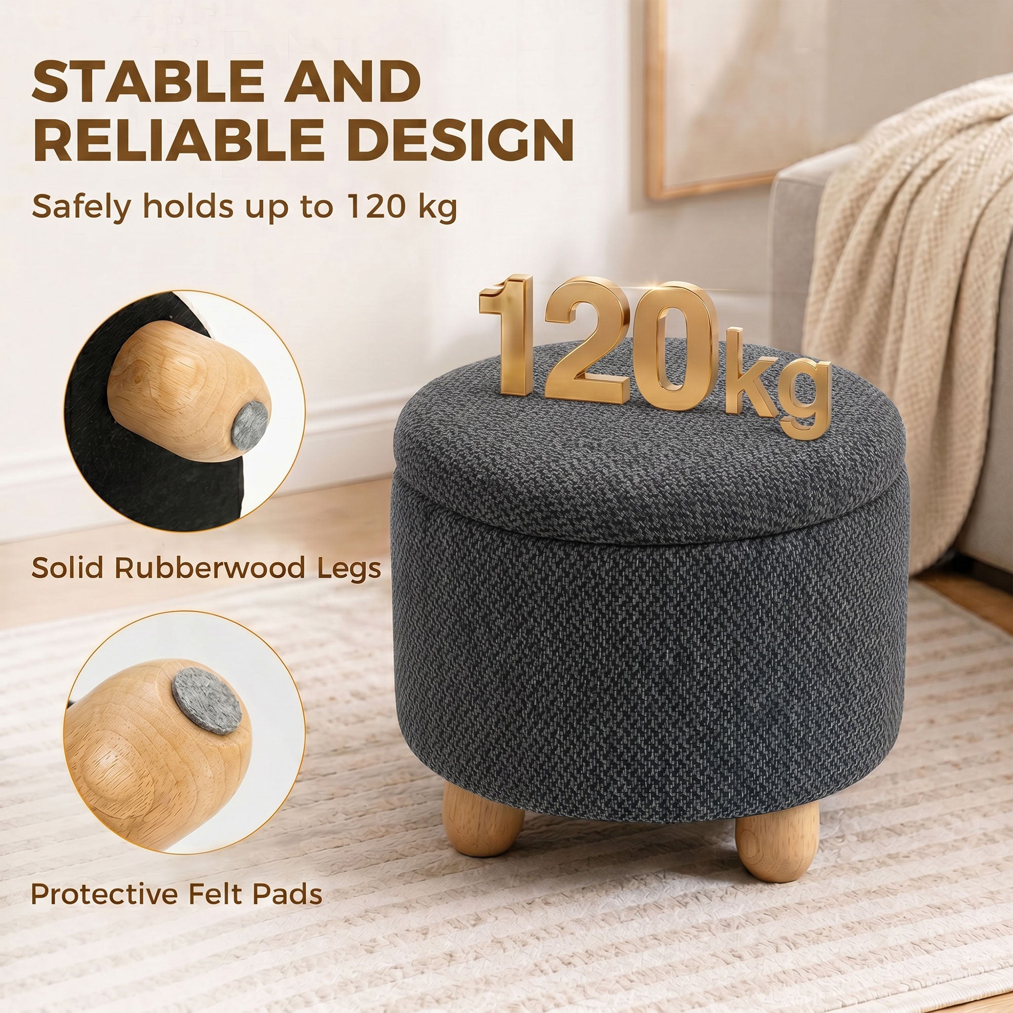 Storage Sitting Bench with Lid, Round Storage Ottoman with Rubberwood Legs, Dark Grey