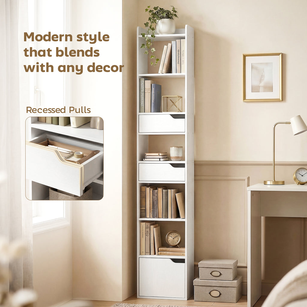 Bookcase Tall Narrow with 5 Tiers and Drawers Freestanding Bookshelf Storage Cabinet for Living Room White Wood Effect