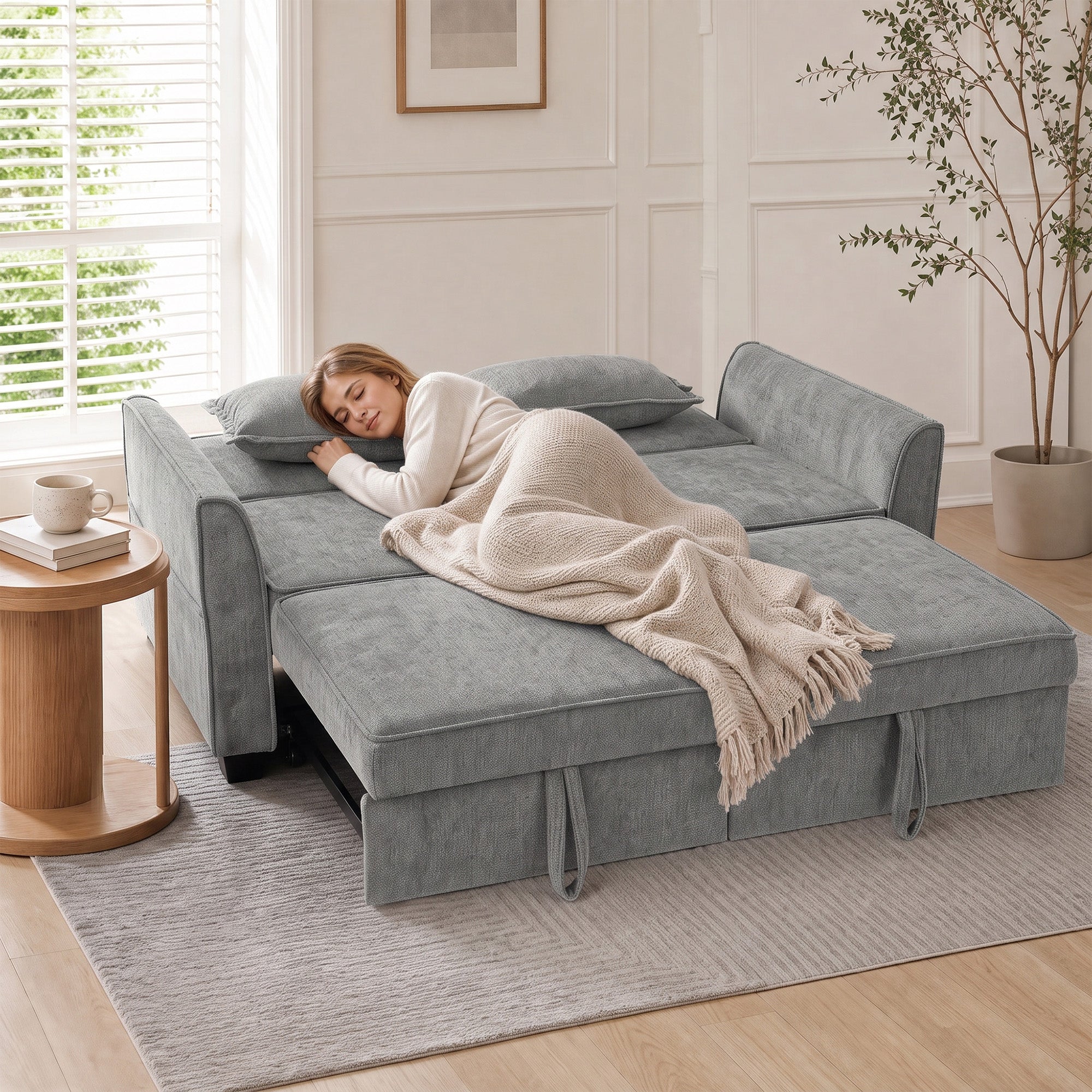 2 Seater Sofa Bed, 4-in-1 L-Shaped Convertible Pull-Out Sleeper Sofa with Adjustable Backrest and Side Pockets, Grey