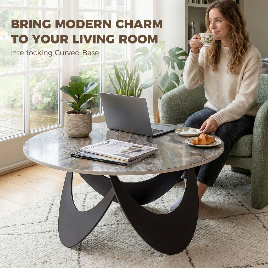 Coffee Table Sintered Stone Top Adjustable Foot Pads Modern Centre Table for Living Room Brown and Black