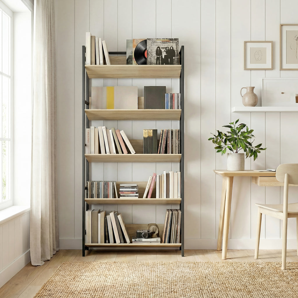 Bookshelf 5-Tier Metal Frame Bookcase Storage Shelves for Living Room Oak