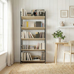 Bookshelf 5-Tier Metal Frame Bookcase Storage Shelves for Living Room Oak