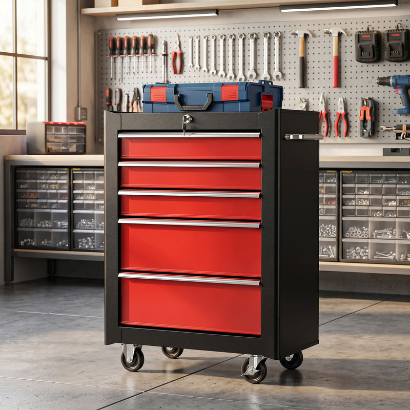 5-Drawer Lockable Rolling Tool Chest – Red – image 8 of 9