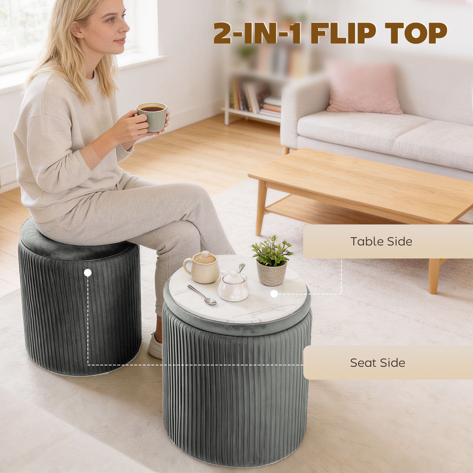 Storage Ottoman Modern Velvet Round Foot Stool for Living Room Bedroom 45 cm Grey