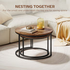 Coffee Table Set of 2, Round Nest of Tables with Metal Frame, Modern Side Tables for Living Room, Rustic Brown