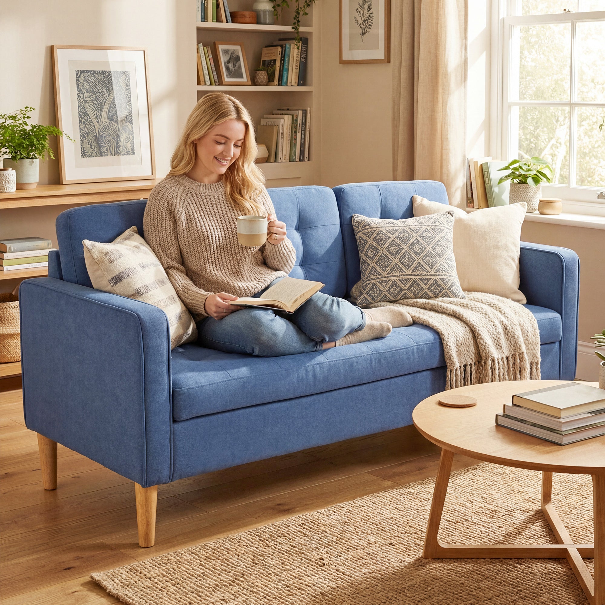 3 Seater Sofa, 169cm Couch with Hidden Storage, Wood Legs, Blue