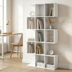 5-Tier Bookshelf, S Shaped Geometric Bookcase with 15 Compartments, White Wood Effect