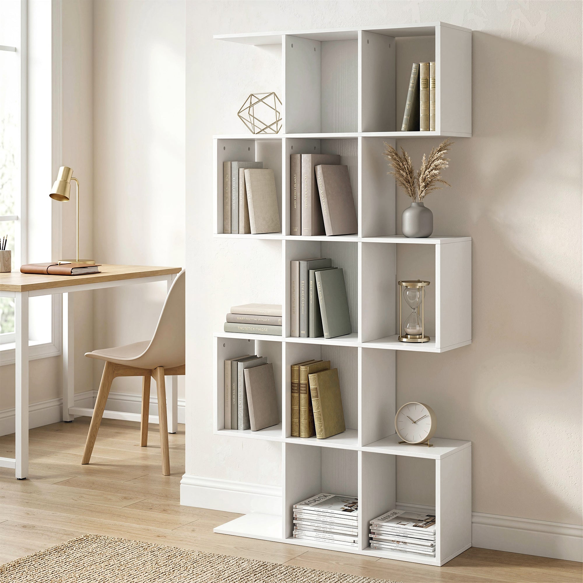 5-Tier Bookshelf, S Shaped Geometric Bookcase with 15 Compartments, White Wood Effect