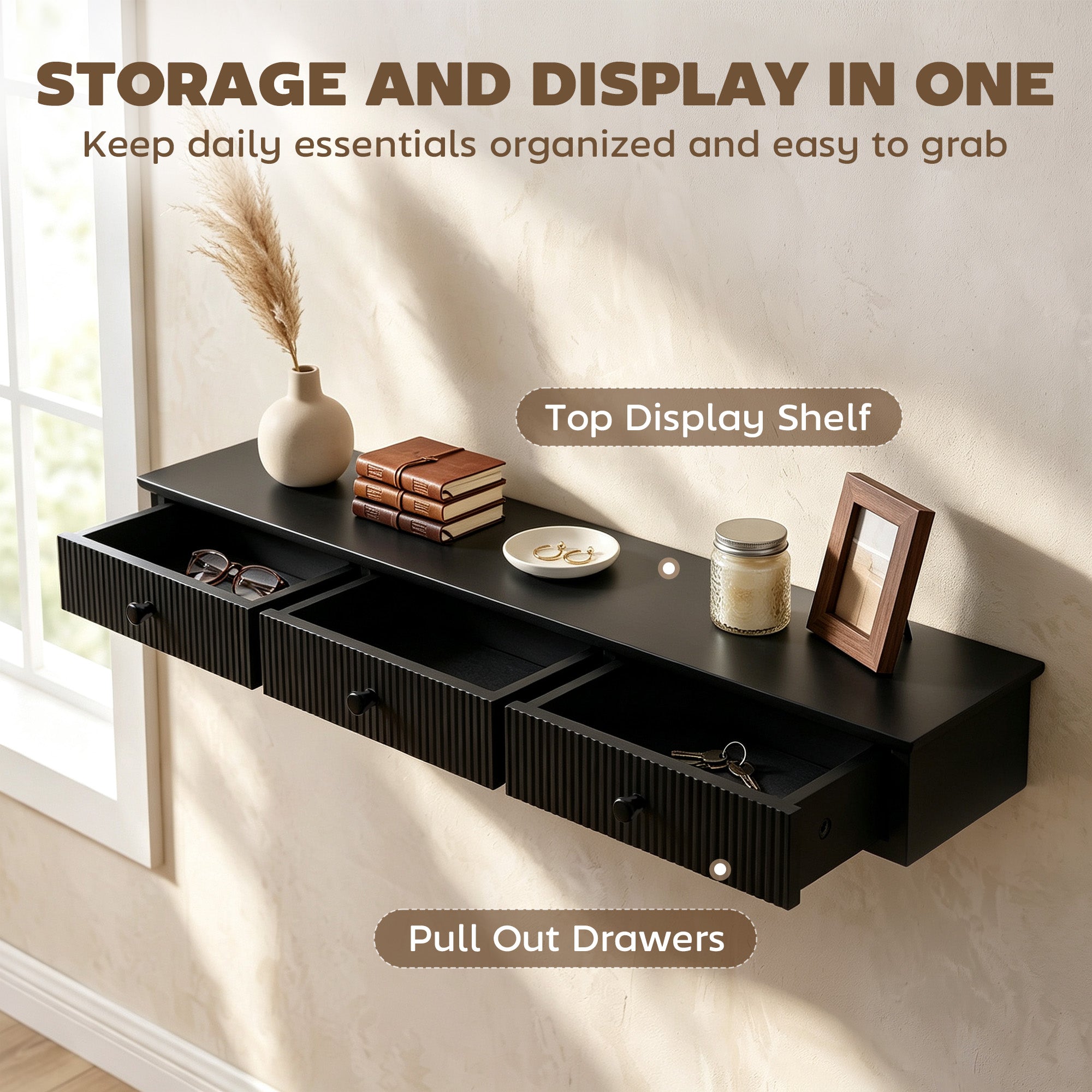 Shelf Wall-Mounted Storage Shelf Shelving Unit MDF 93 x 15 x 10 cm Entryway Kitchen Living Room, Black