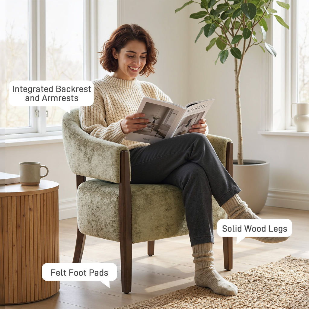 Accent Chair, Upholstered Tub Chair with Solid Wood Frame and Legs, Light Brown