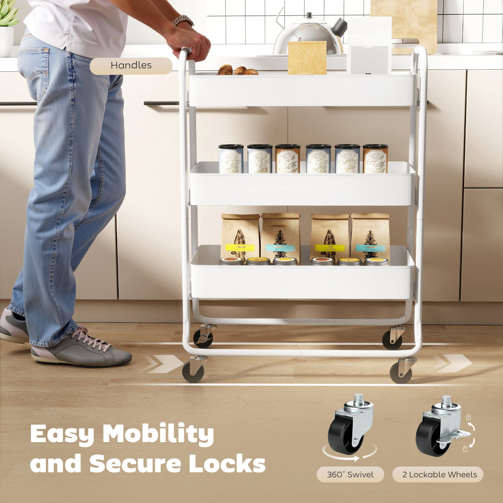 HOMCOM 3-Tier Storage Trolley on Wheels with Mesh Baskets - White