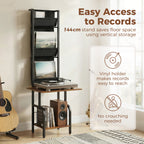 Vinyl Record Player Stand Record Storage with Player Stand Oxford Fabric Pockets Bottom Shelf Rustic Brown and Black