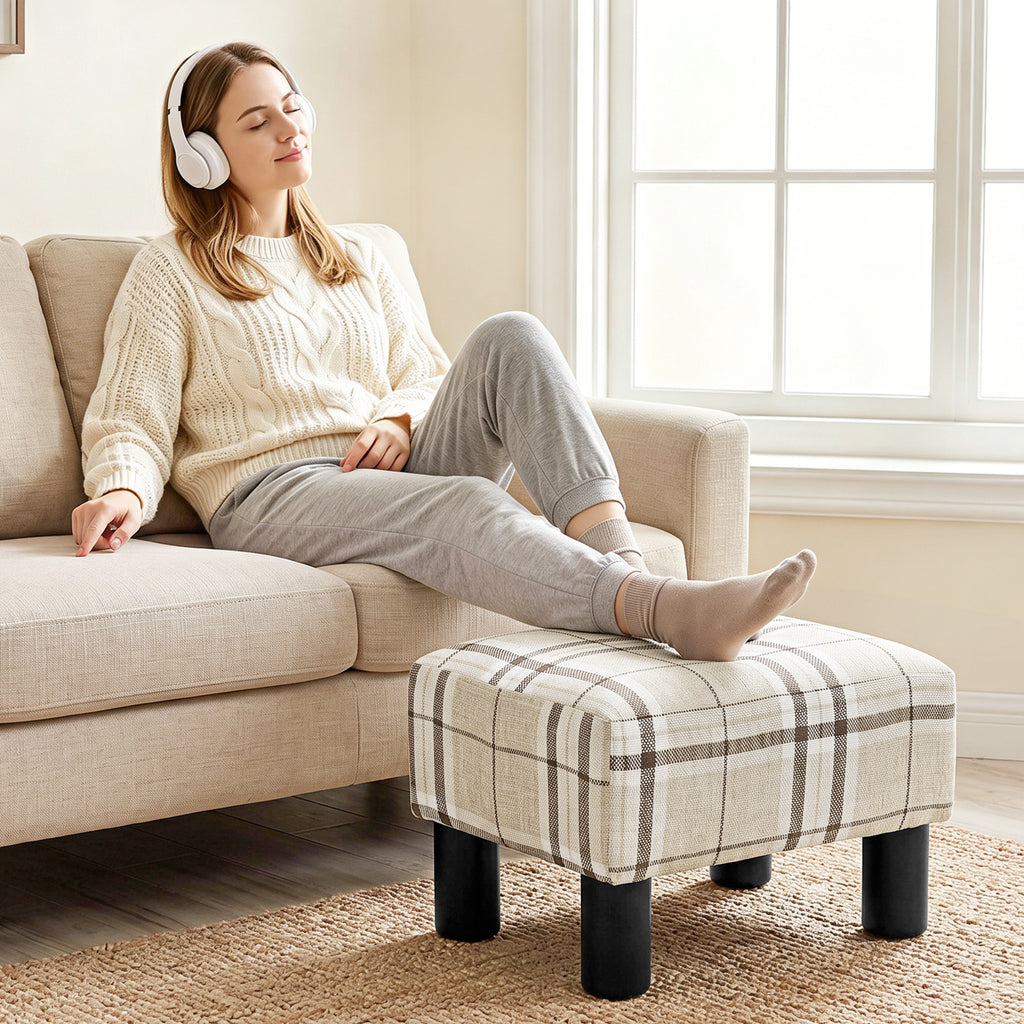 Linen Fabric Footstool Ottoman Cube with 4 Plastic Legs, Multi-colored