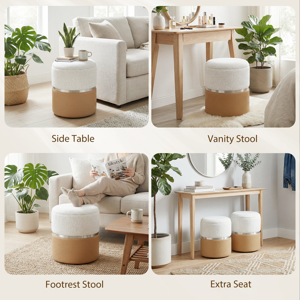 Nesting Round Ottoman with Storage Set of 2 - Cream/Brown