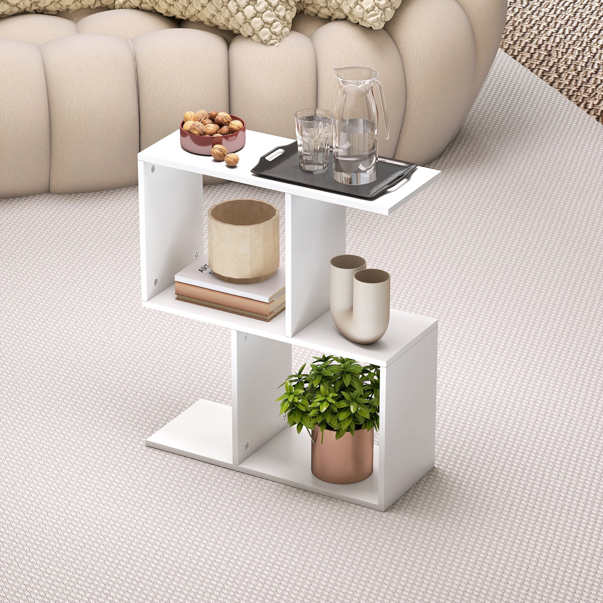 Side Table, Narrow End Table with Storage Shelves, S-Shaped, 3-Tier, 50W x 19.5D x 58H cm, White
