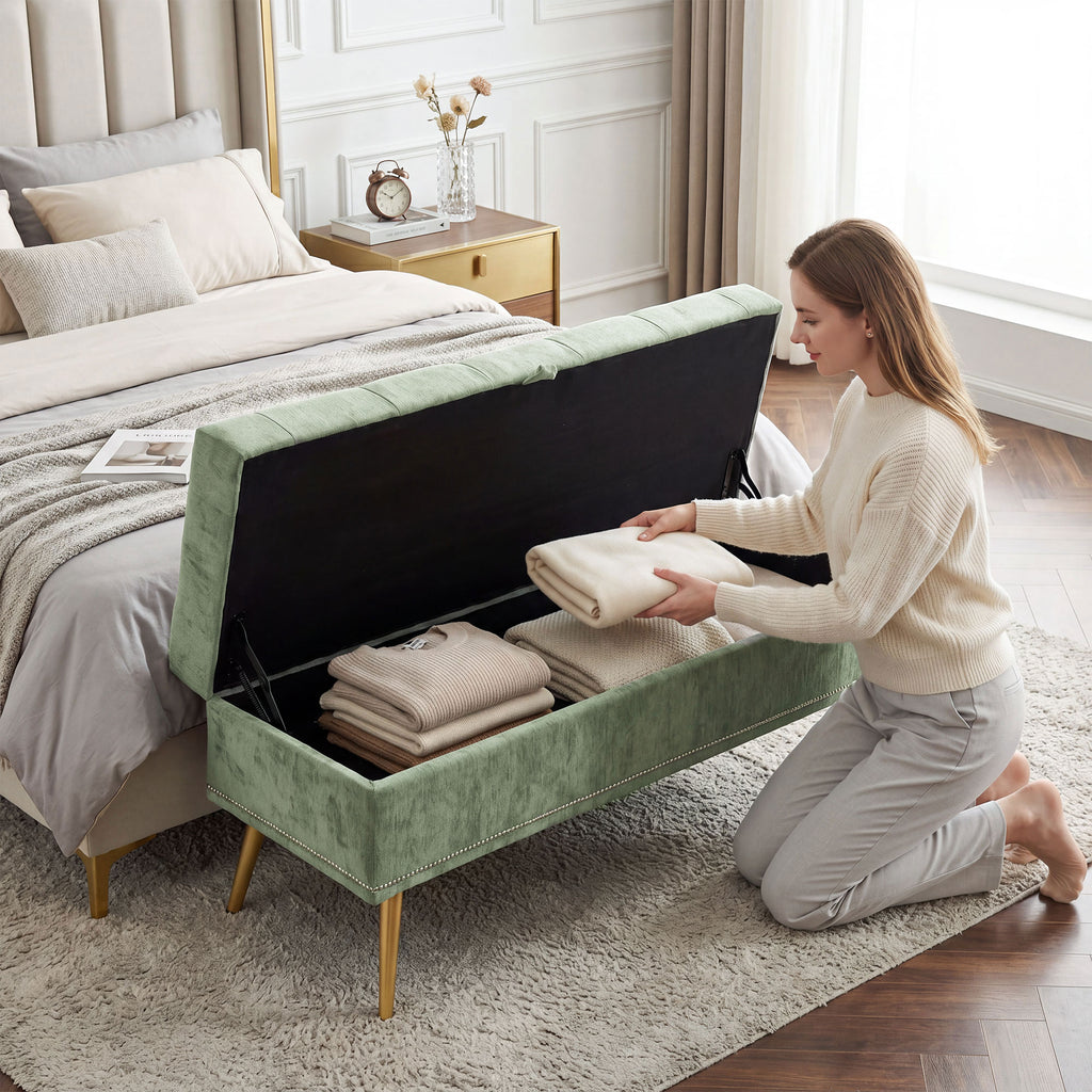 Storage Ottoman, Chenille Upholstered Ottoman Storage Box with Padded Seat, Metal Legs, 114 x 41 x 45 cm, Light Green