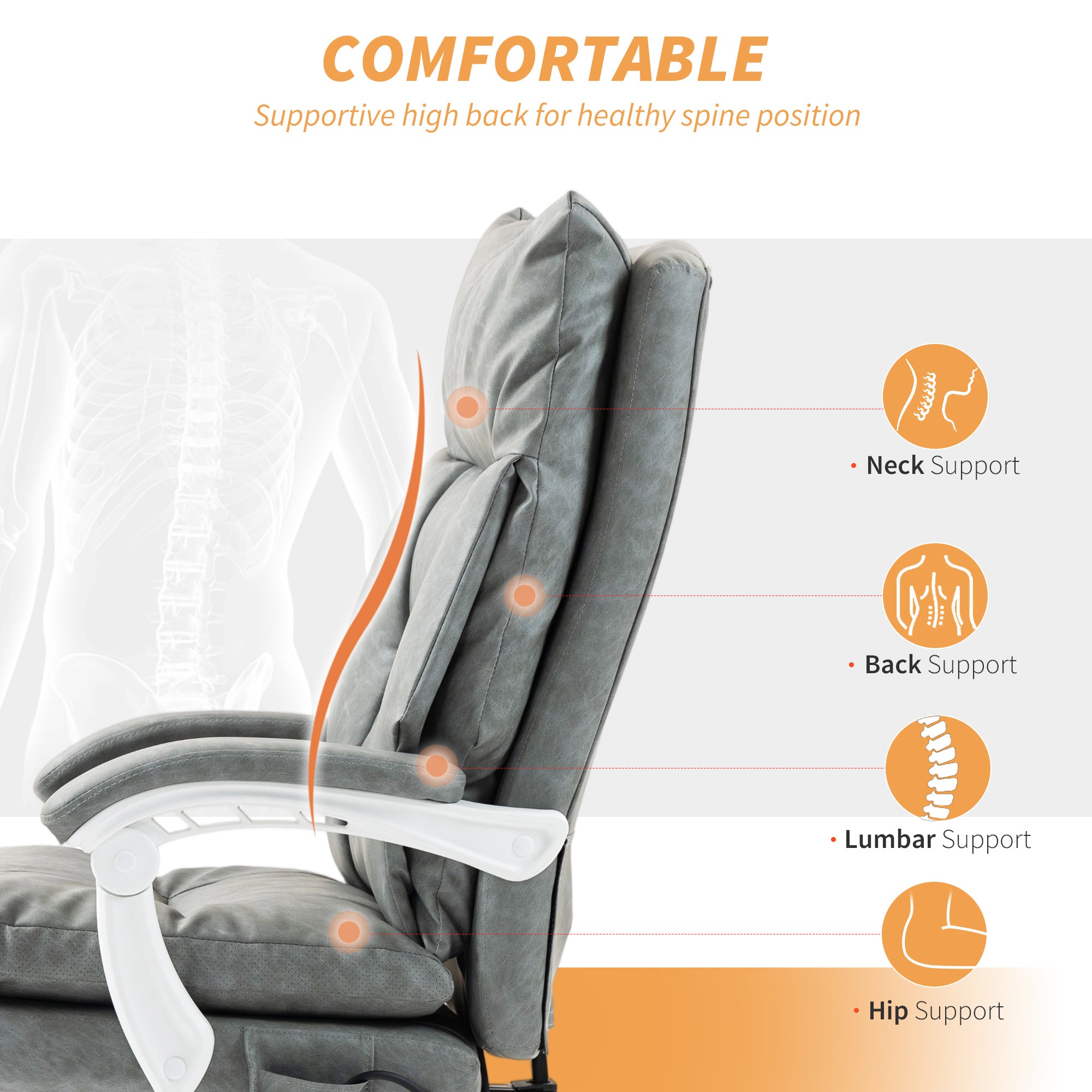 Faux Leather Office Chair, with Inflatable Lumbar - Grey