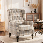 Wingback Accent Chair, Linen-Look Fabric Armchair with Thick Spring Cushion, High Back, Khaki Plaid