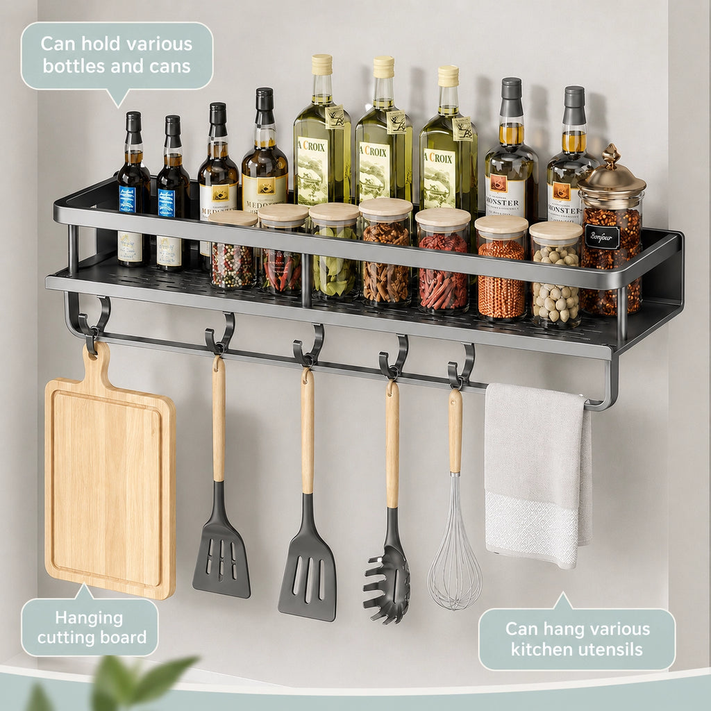 Wall-Mounted Kitchen Rack | Aluminium Storage Shelf with Hooks