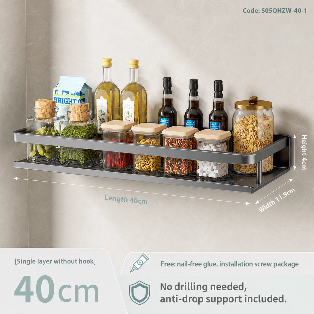 Wall-Mounted Kitchen Rack | Aluminium Storage Shelf with Hooks