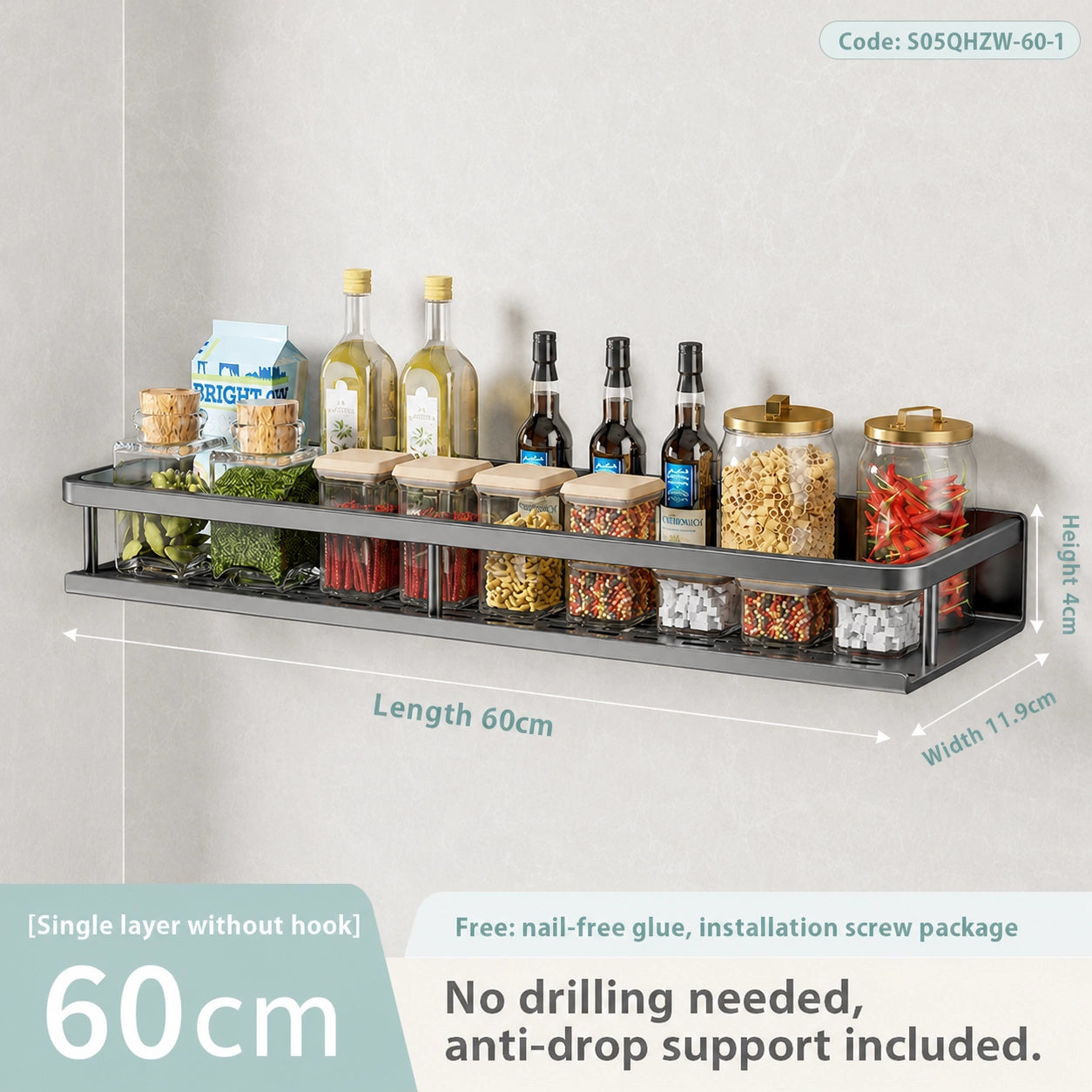 Wall-Mounted Kitchen Rack | Aluminium Storage Shelf with Hooks