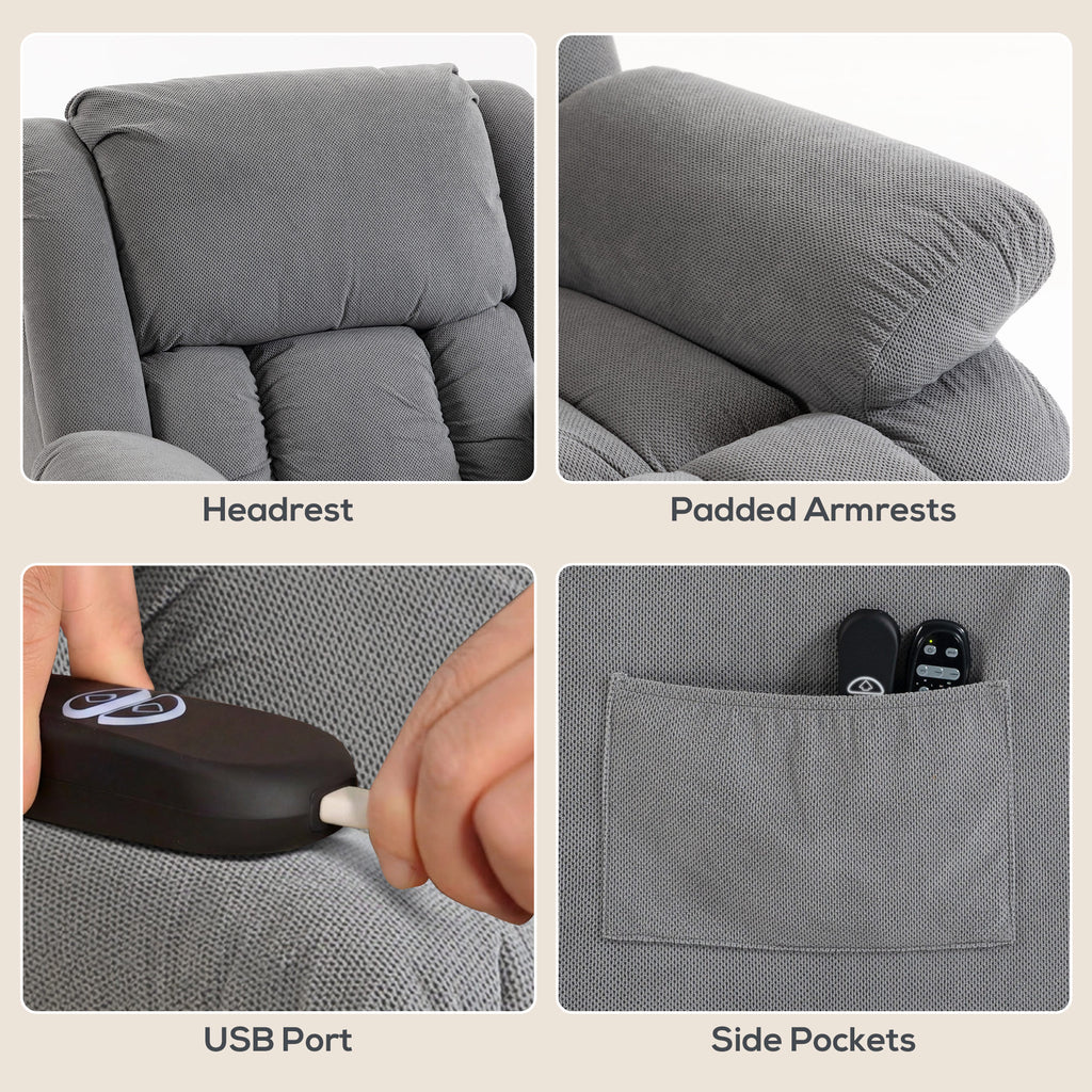 Recliner Armchair Lift Chair, Electric Recliner Chair with Vibration Massage and Heat, Wide Seat, USB Port, Light Grey