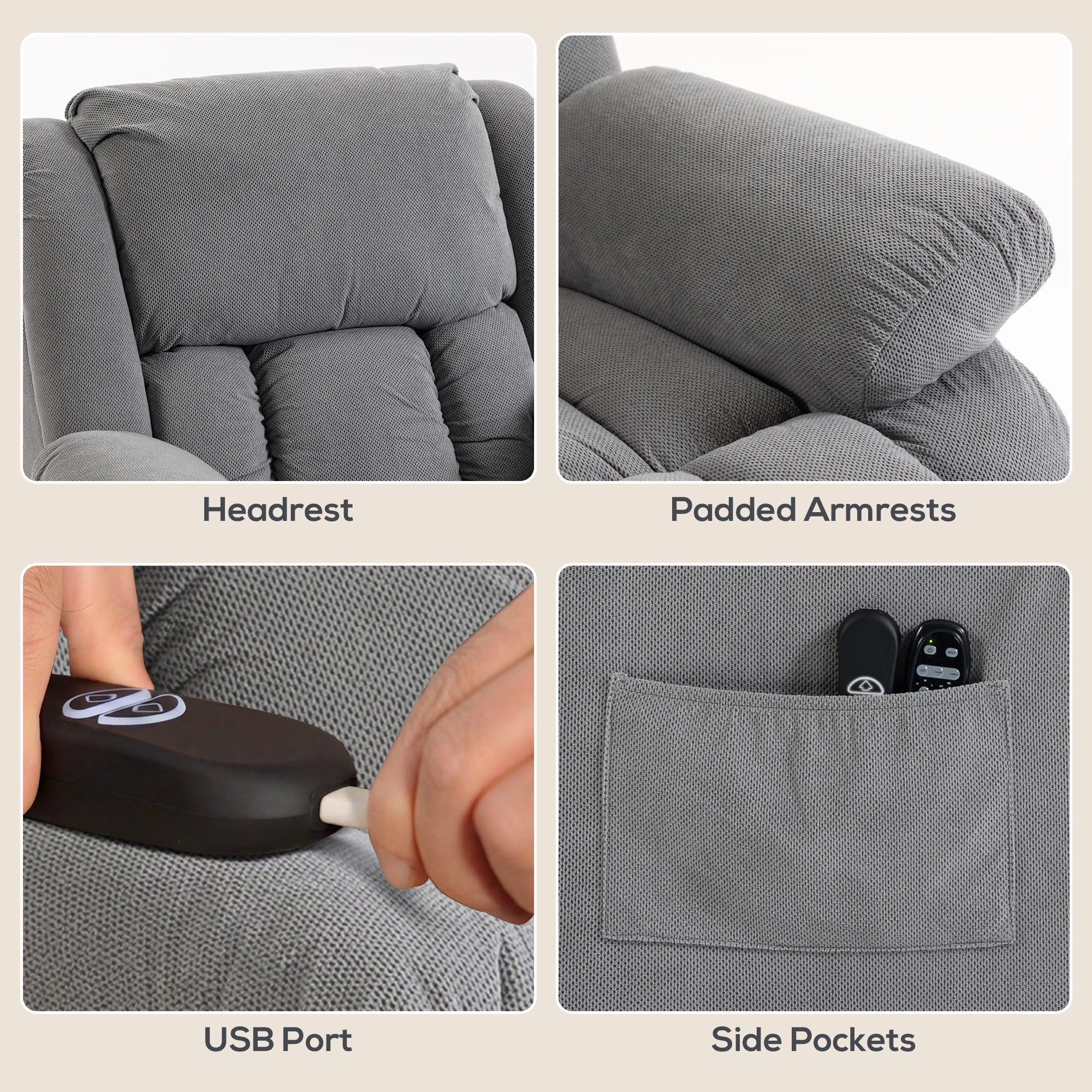 Recliner Armchair Lift Chair, Electric Recliner Chair with Vibration Massage and Heat, Wide Seat, USB Port, Light Grey