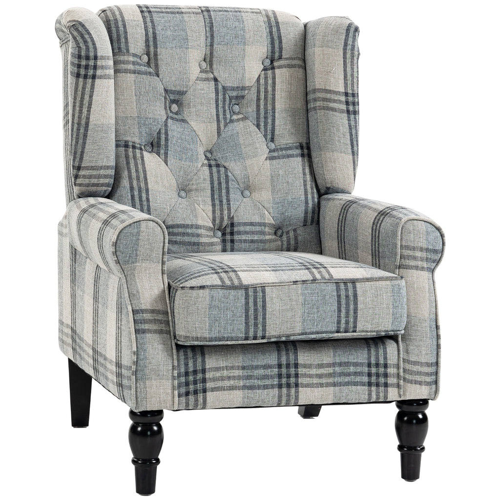 Faux Linen Armchair with Thick Spring Cushion, Wingback Accent Chair with High Back, Solid Wood Legs, Mixed Plaid