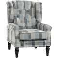 Faux Linen Armchair with Thick Spring Cushion, Wingback Accent Chair with High Back, Solid Wood Legs, Mixed Plaid
