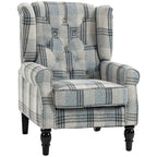 Faux Linen Armchair with Thick Spring Cushion, Wingback Accent Chair with High Back, Solid Wood Legs, Mixed Plaid