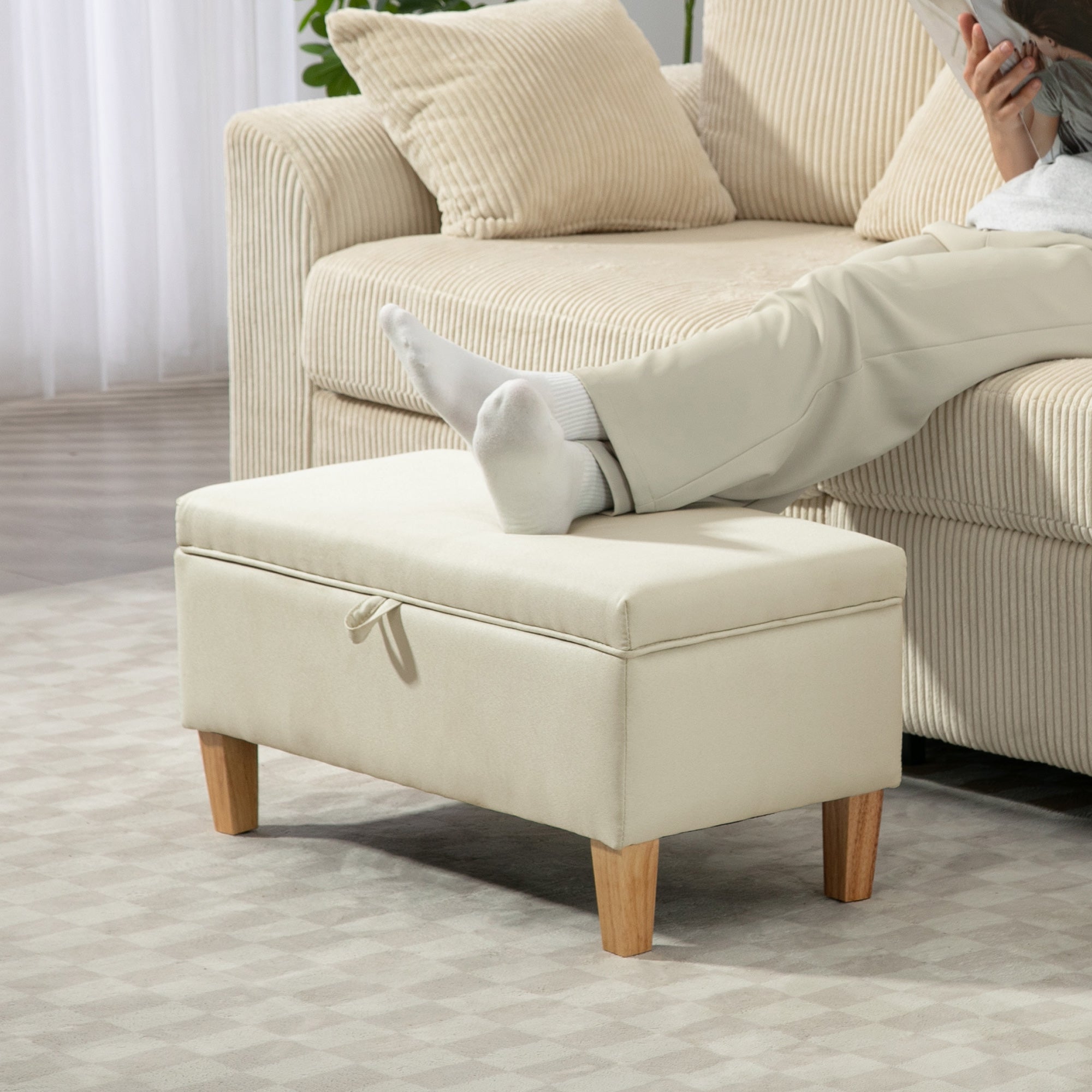 30L Linen Storage Ottoman Padded Footstool with Rubberwood Legs for Storage Box, Bed End, Shoe Bench, Seating, Beige