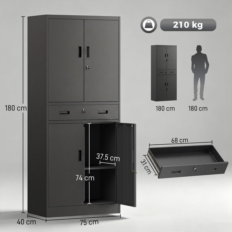 180cm Lockable Steel Tool Cabinet with Drawer & Adjustable Shelves – Black – image 3 of 9