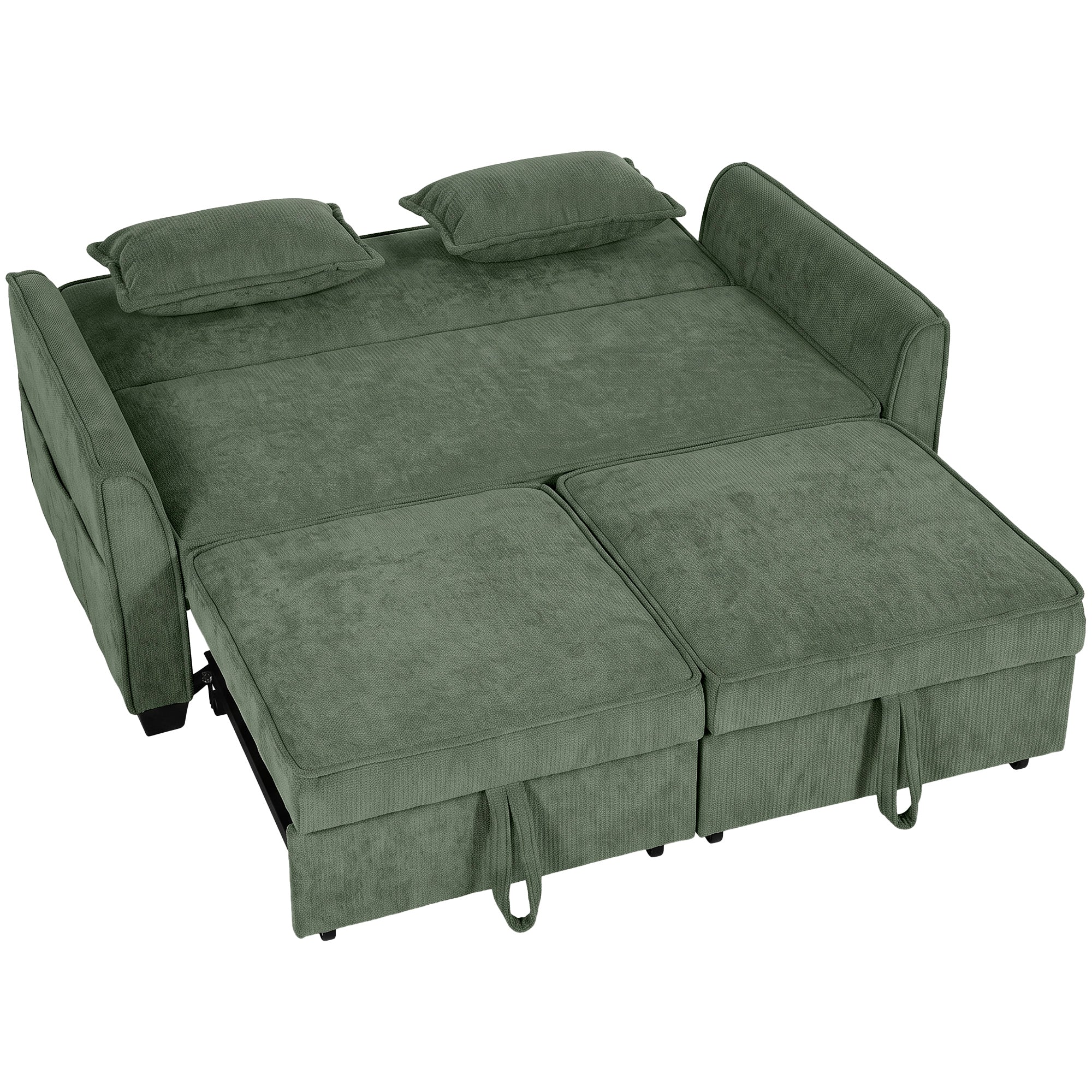 2 Seater Sofa Bed, 4-in-1 L-Shaped Convertible Pull-Out Sleeper Sofa with Adjustable Backrest Side Pockets, Dark Green