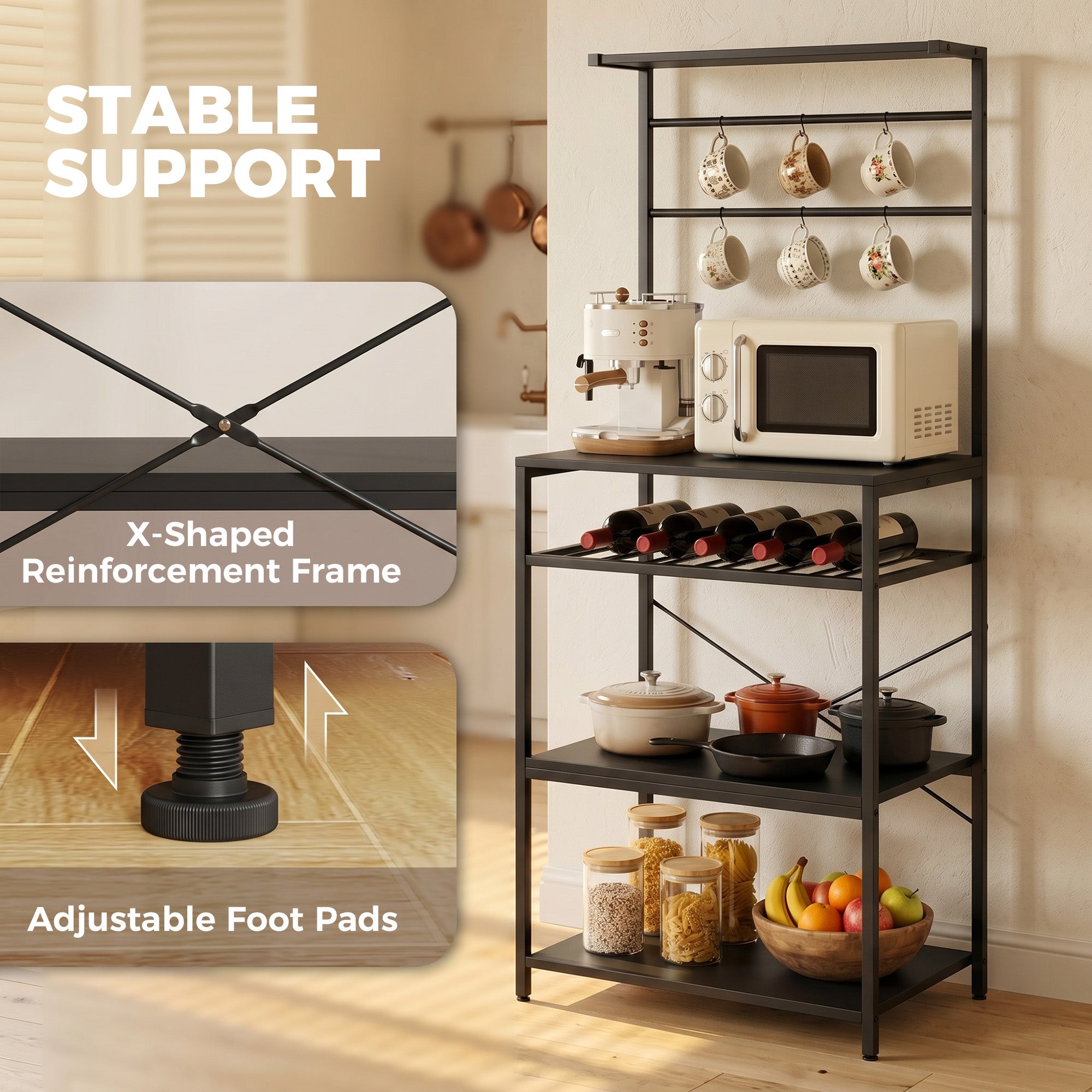 Freestanding Shelving Unit, Industrial Storage Shelf with 6 Hooks and Wine Rack for Living Room, Home Office, Black