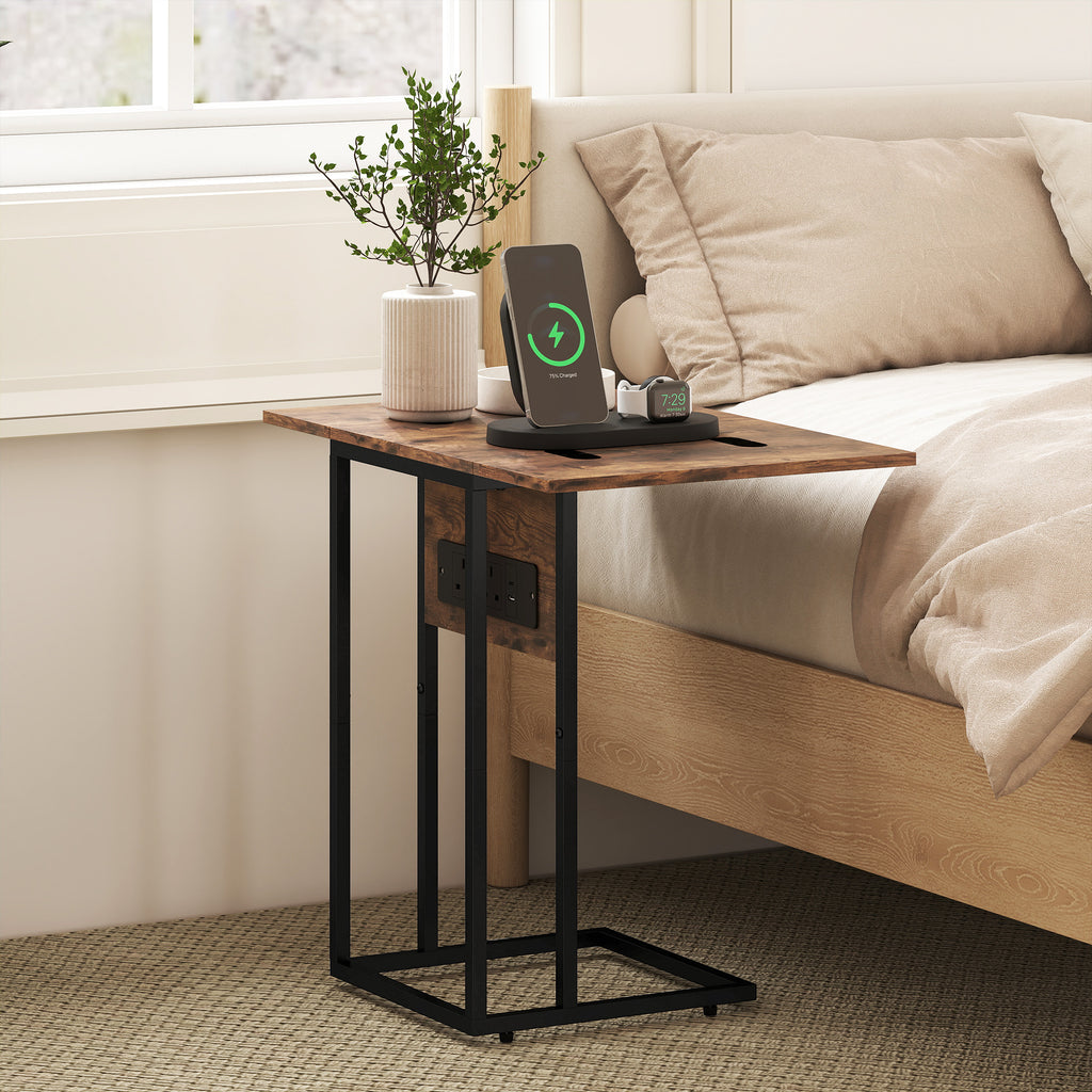 C Shaped Side Table with Charging Station and Foldable Top - Rustic Brown