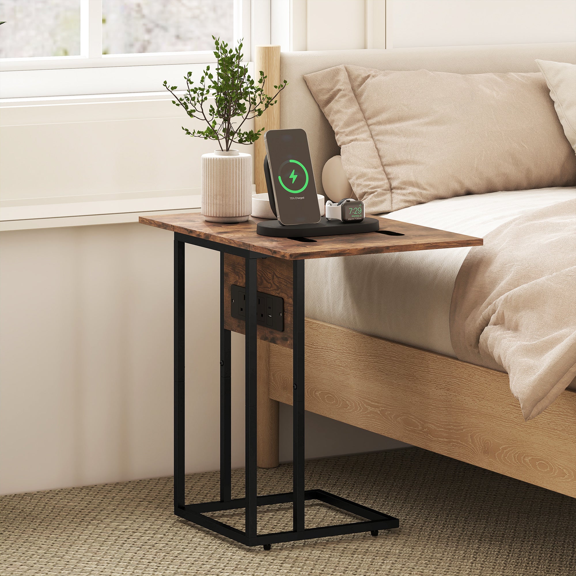 C Shaped Side Table with Charging Station and Foldable Top - Rustic Brown