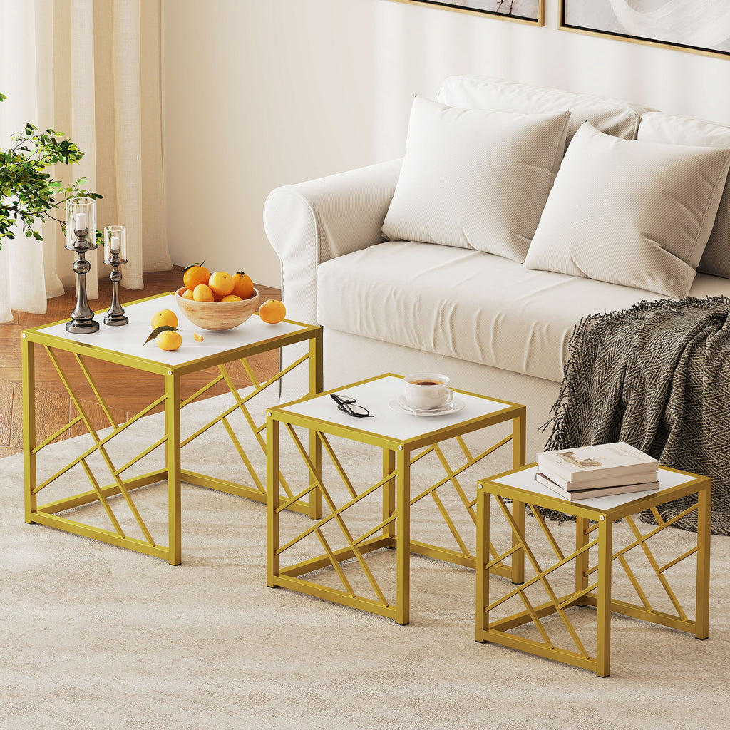 Nesting Coffee Tables, Set of 3 Square Side Tables with Gold Metal Frame, for Living Room, Bedroom and Office, White