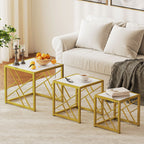 Nesting Coffee Tables, Set of 3 Square Side Tables with Gold Metal Frame, for Living Room, Bedroom and Office, White