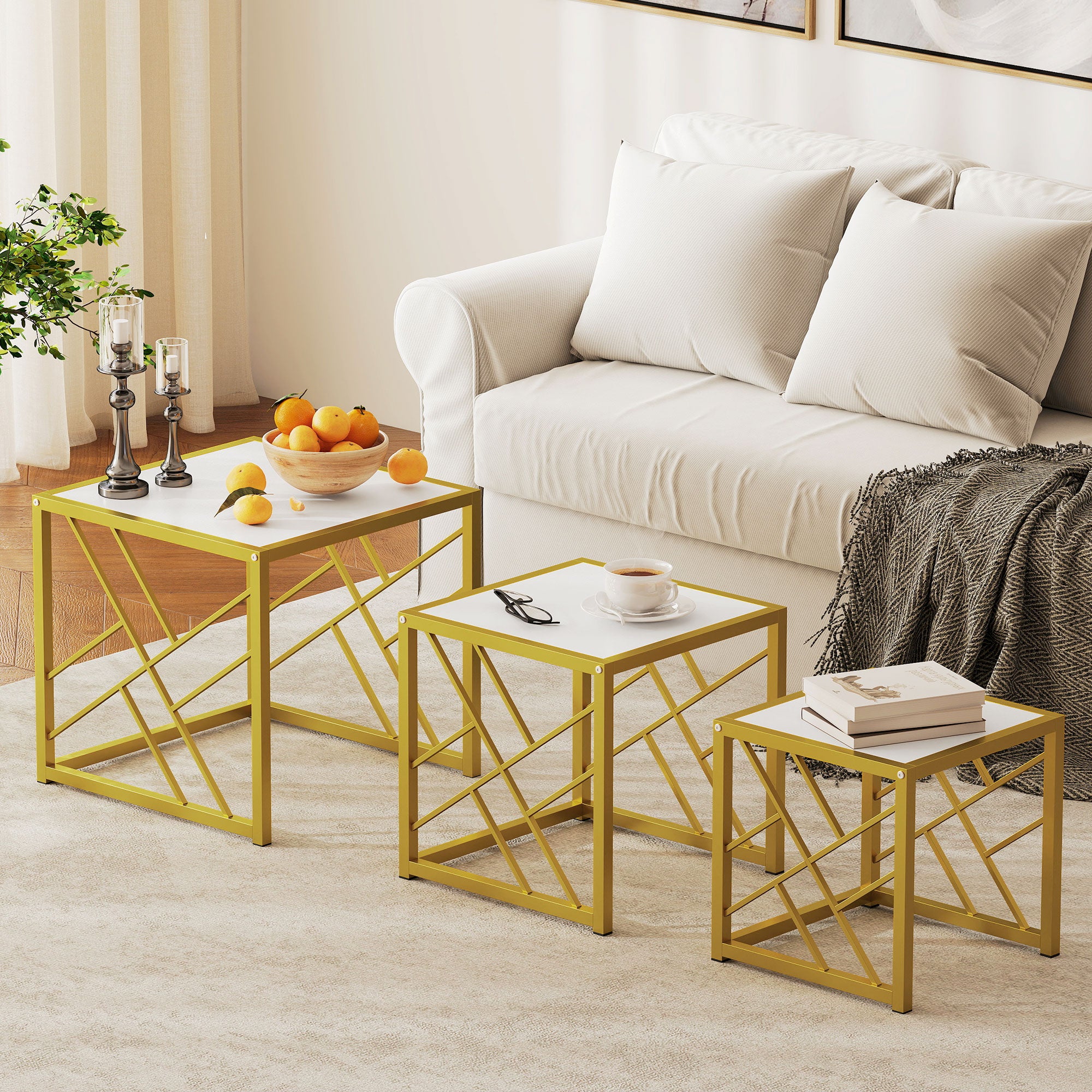 Nesting Coffee Tables, Set of 3 Square Side Tables with Gold Metal Frame, for Living Room, Bedroom and Office, White