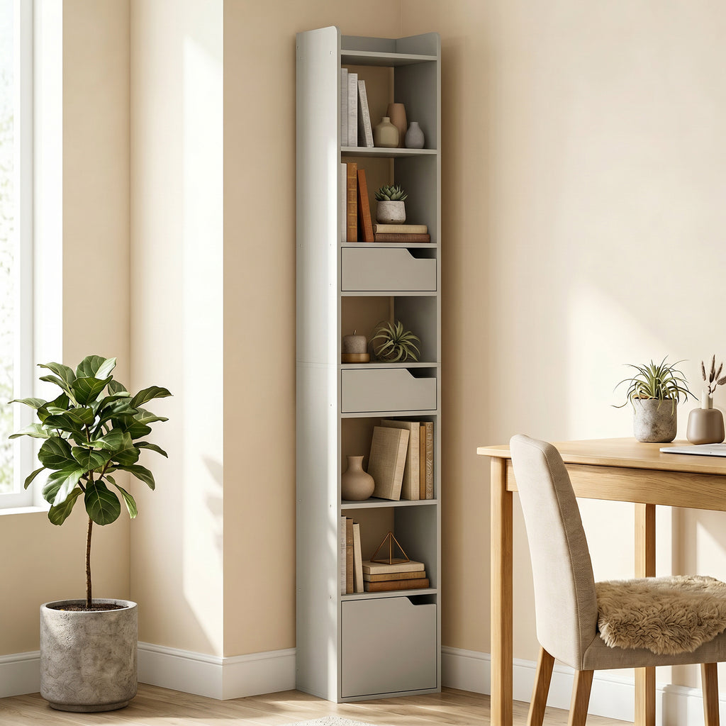 Bookcase Tall Narrow with 5 Tiers and Drawers Freestanding Bookshelf Storage Cabinet for Living Room Grey