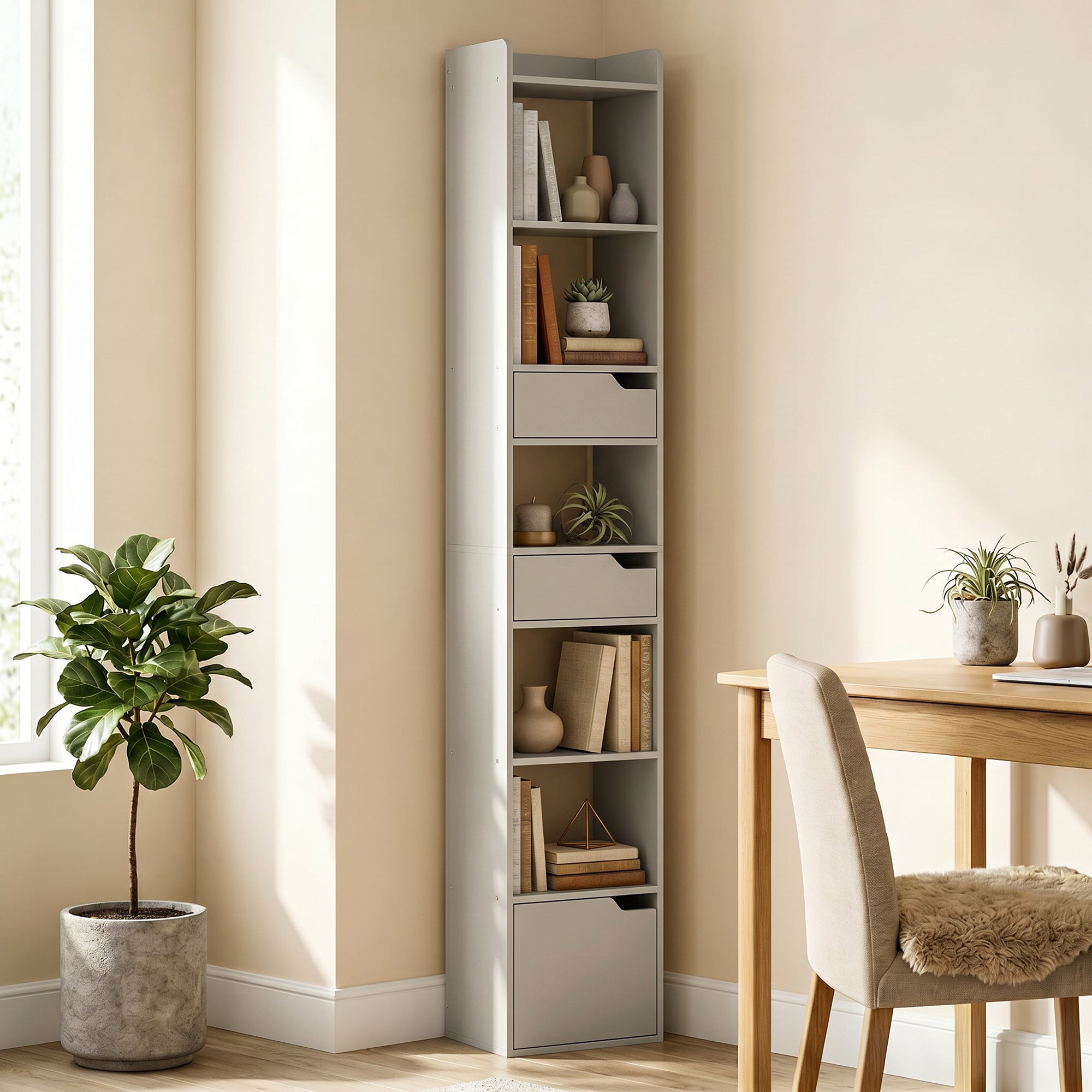 Bookcase Tall Narrow with 5 Tiers and Drawers Freestanding Bookshelf Storage Cabinet for Living Room Grey