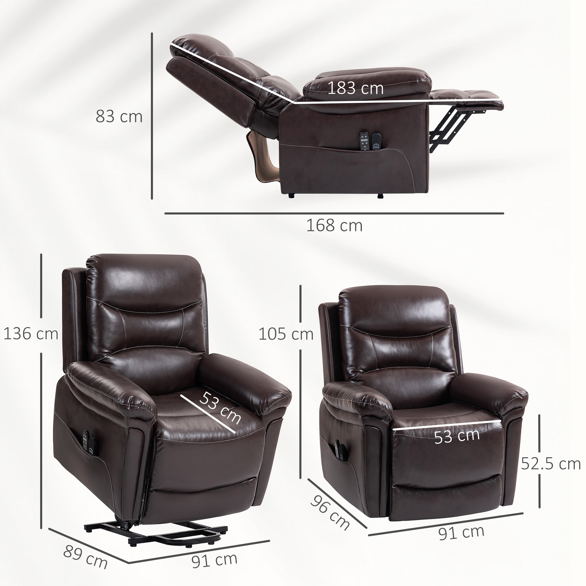 Power Lift Recliner Chair with Vibration Massage, Heat, USB - Brown