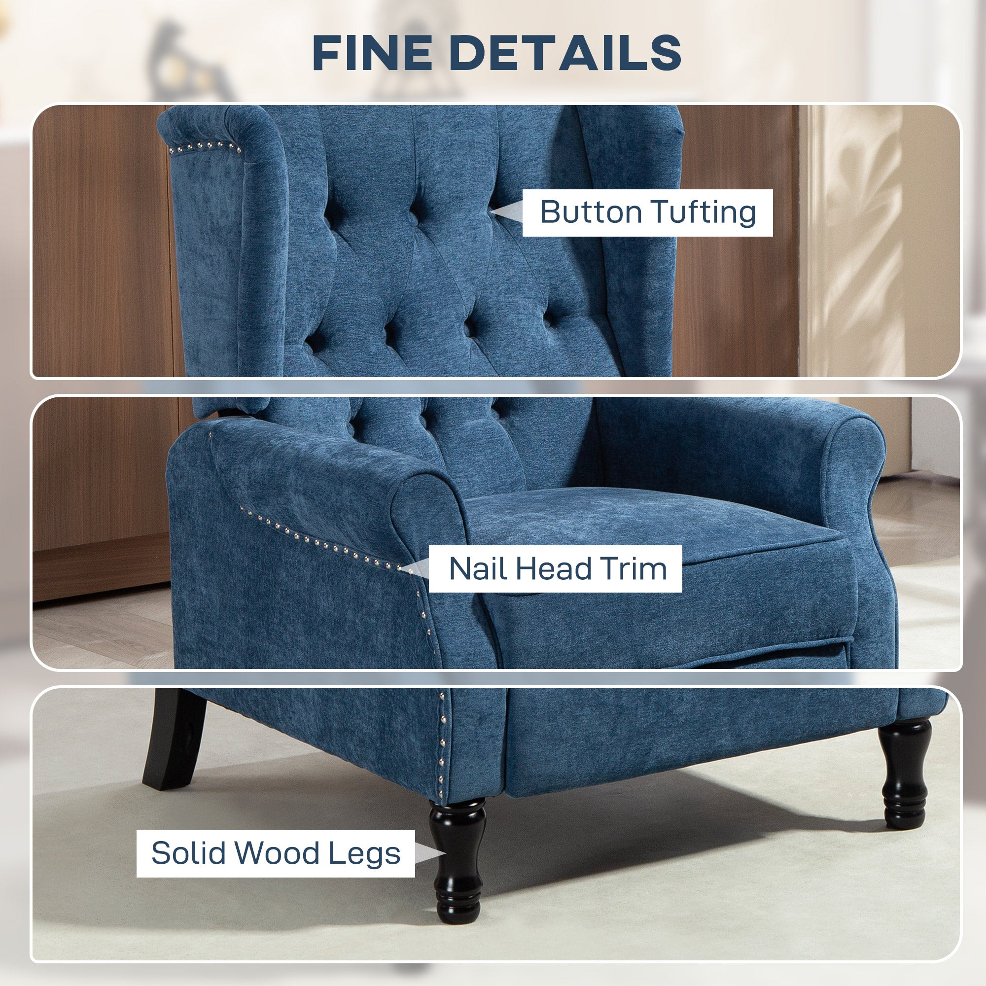 150Â° Reclining Vintage Armchair, with footrest, Royal Blue
