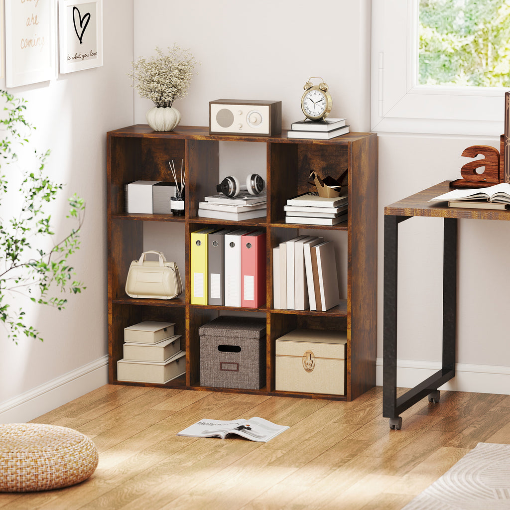 3-tier 9 Cubes Storage Unit Particle Board Cupboard Bookcase Organiser Home Office Shelves, Rustic Brown