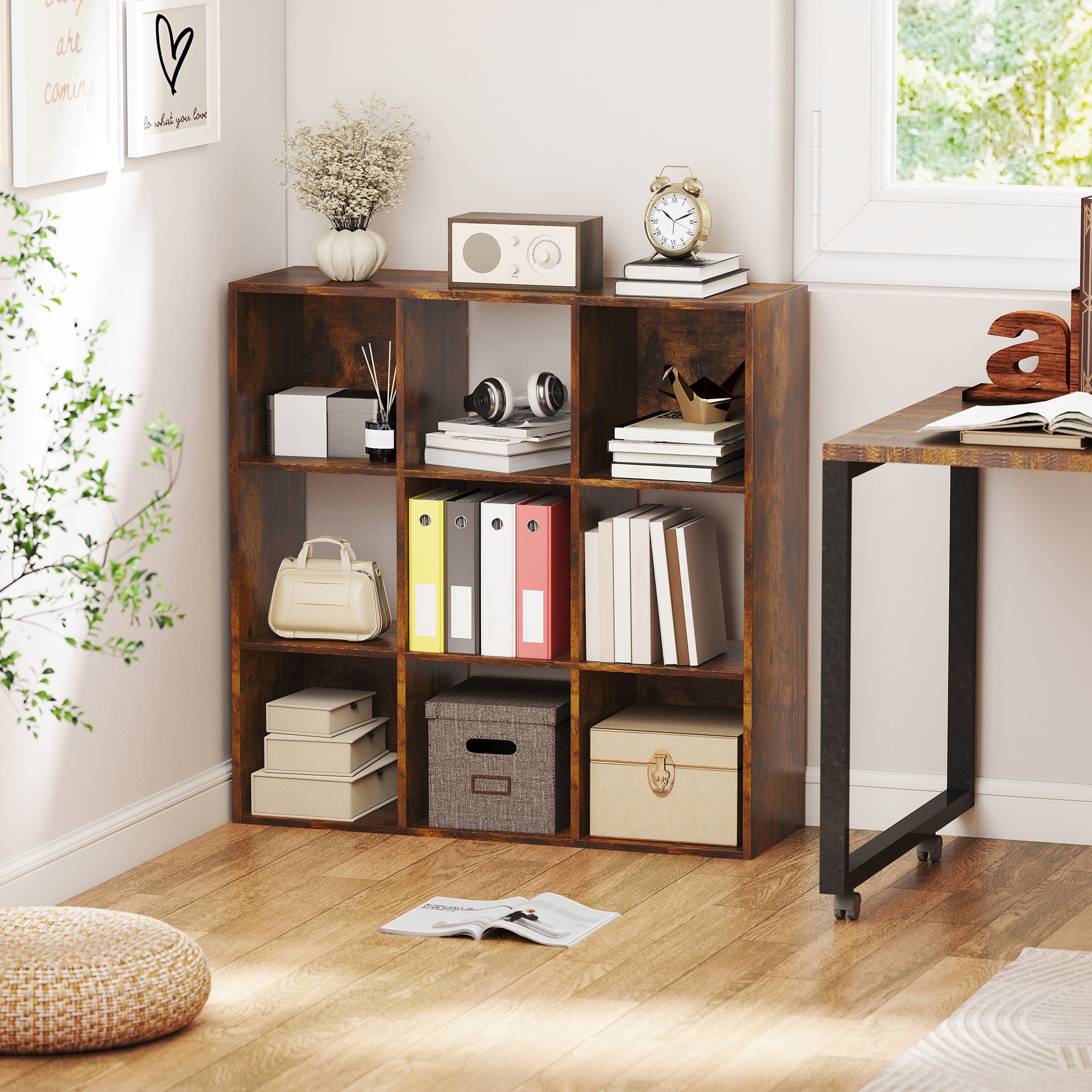 3-tier 9 Cubes Storage Unit Particle Board Cupboard Bookcase Organiser Home Office Shelves, Rustic Brown