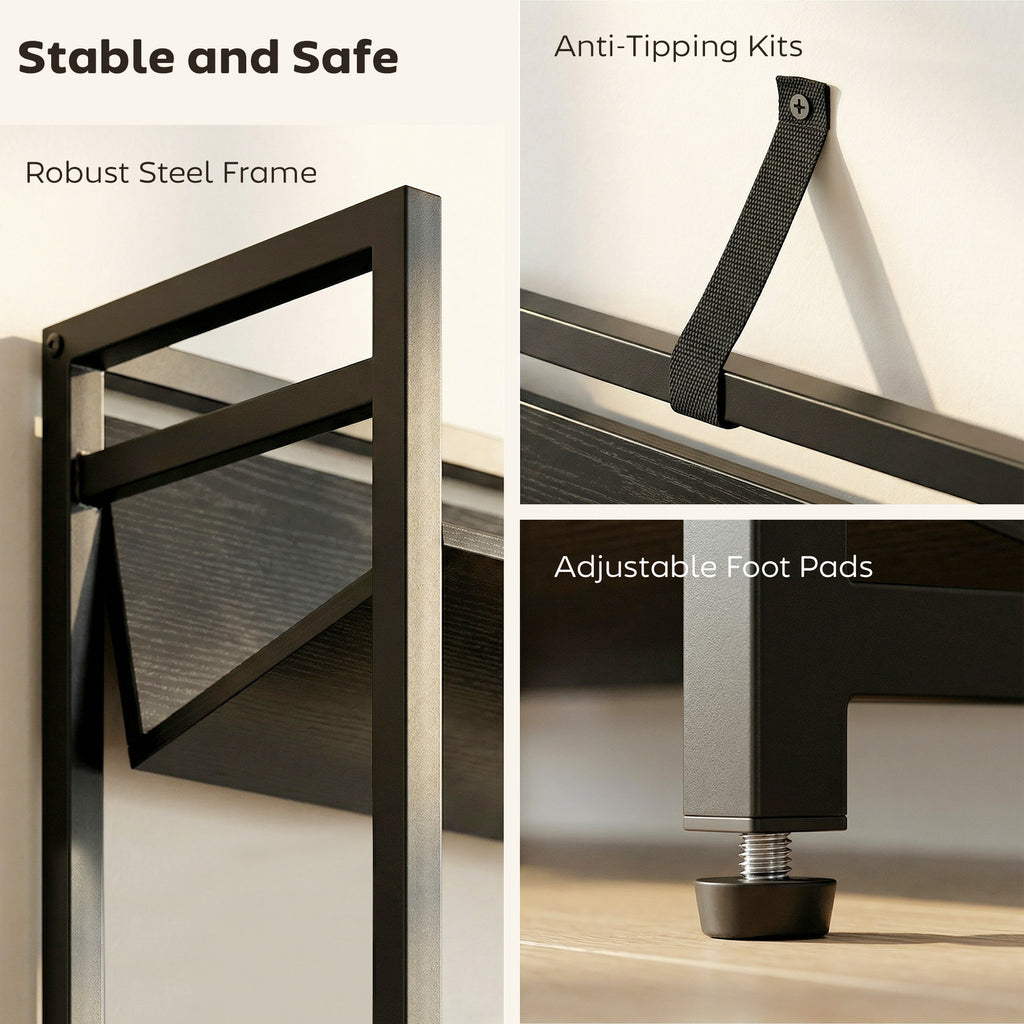 Bookshelf 5-Tier Metal Frame Bookcase Storage Shelves for Living Room Black