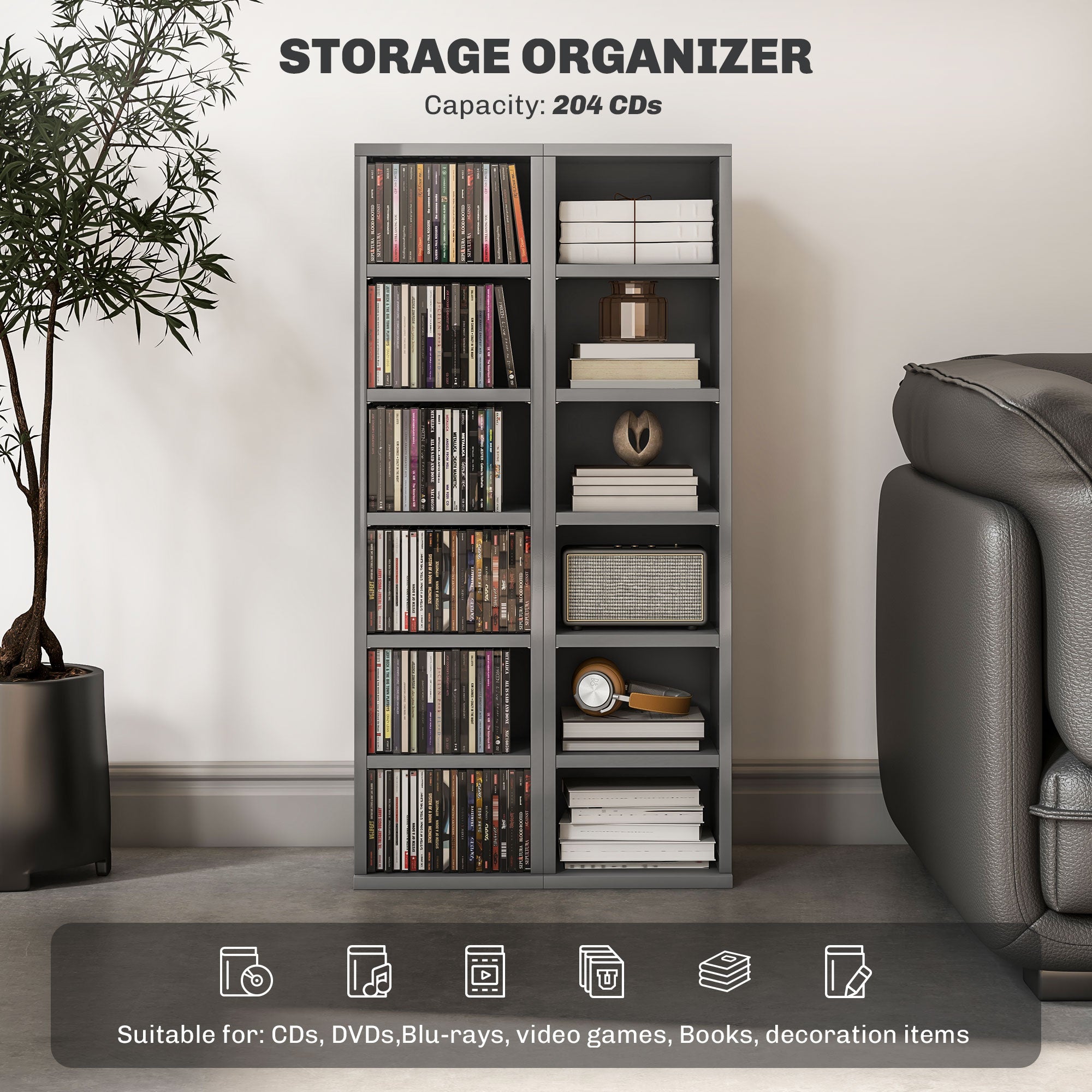 Set of 2 CD Media Display Shelf Unit Tower Rack with Adjustable Shelves, High Gloss Grey