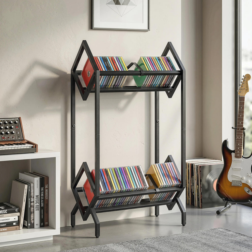 50 CD Storage Rack, 2-Tier Metal CD Storage Unit, Free Standing, Easy to Assemble, Black