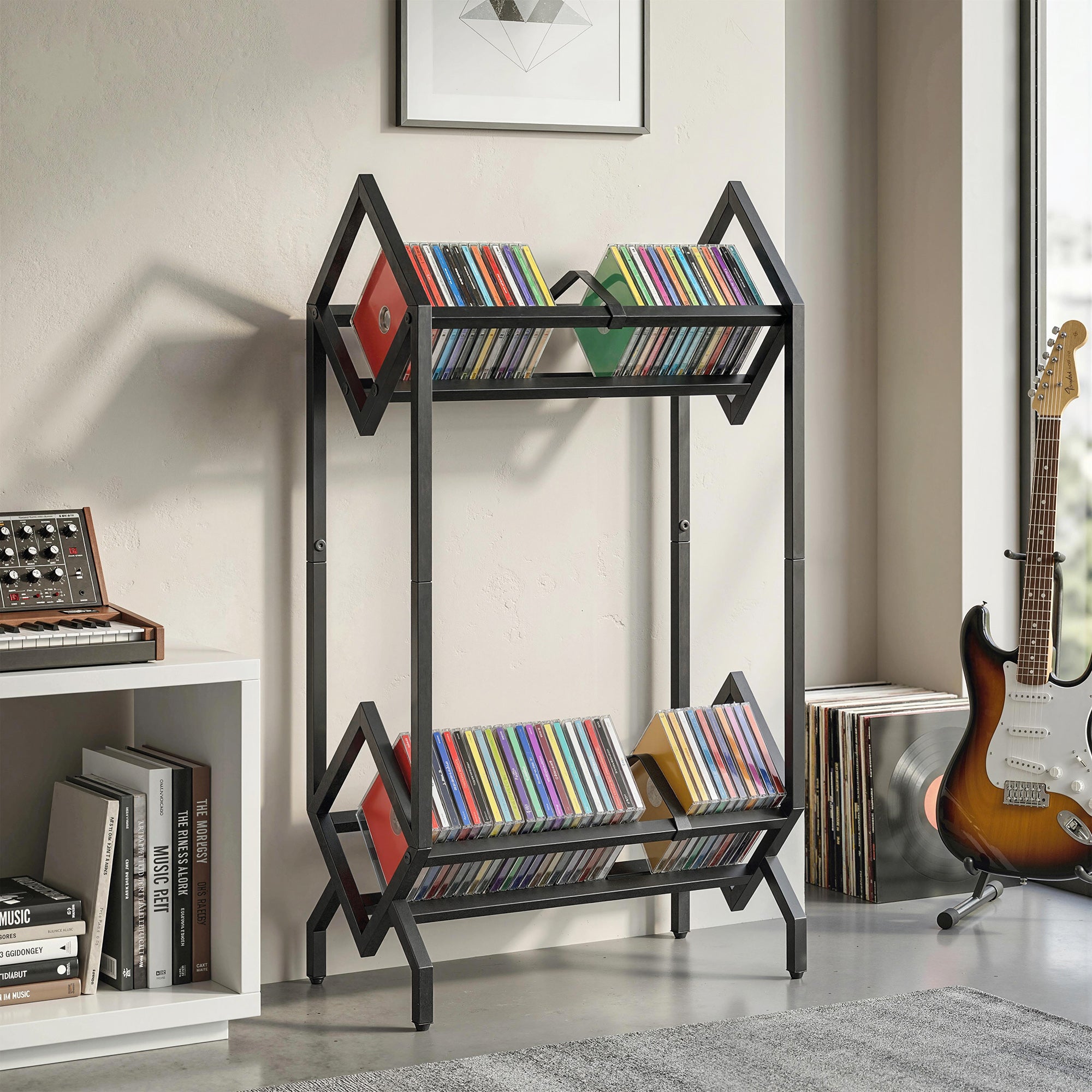 50 CD Storage Rack, 2-Tier Metal CD Storage Unit, Free Standing, Easy to Assemble, Black